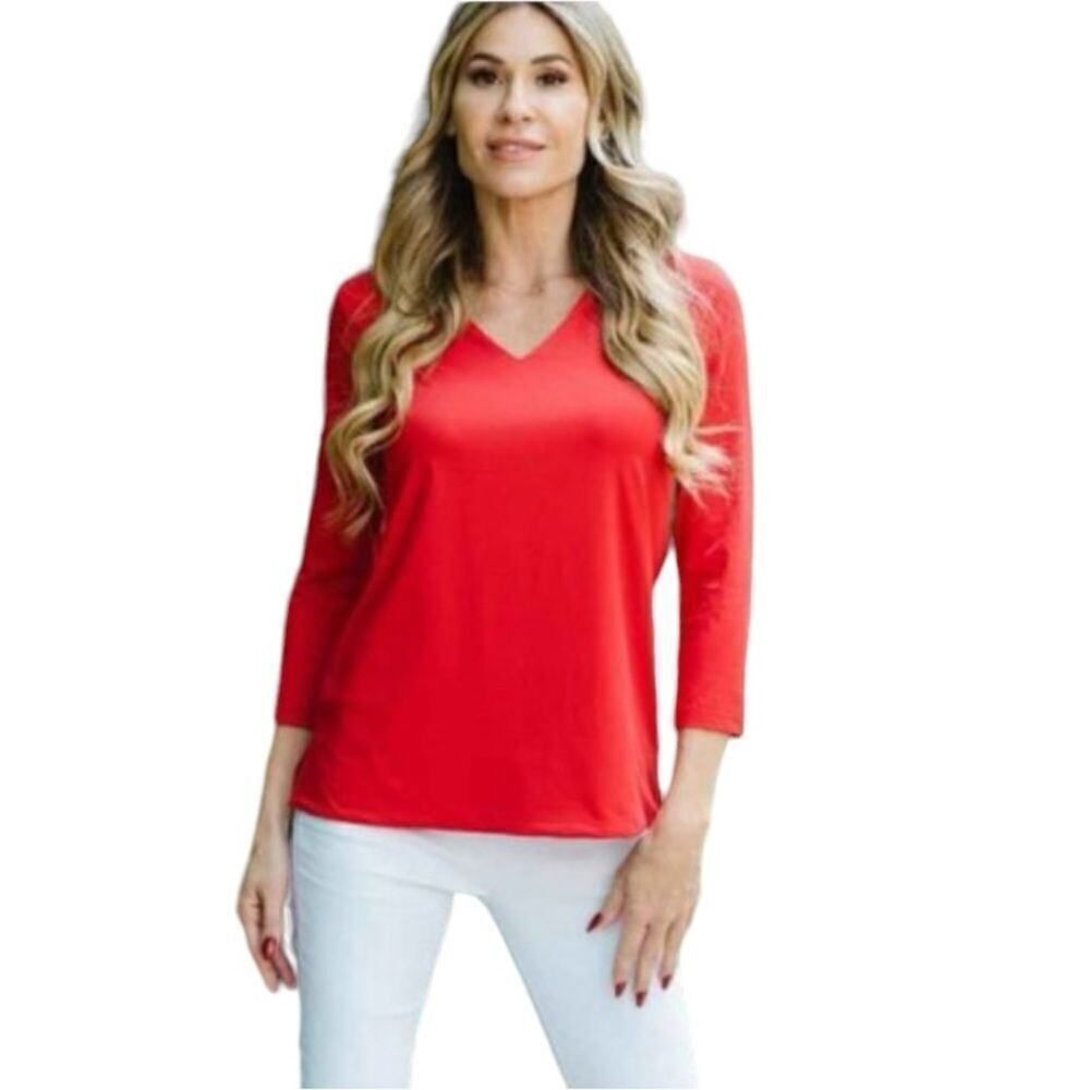 JEAN-PIERRE KLIFA Women's V-Neck 3/4 Sleeve Top Red Size Large